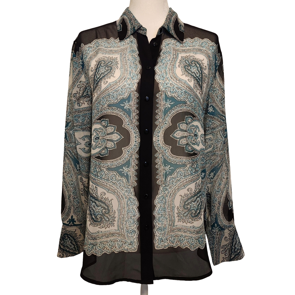 INC International Concepts Black and Teal Paisley Sheer, Button Down Shirt